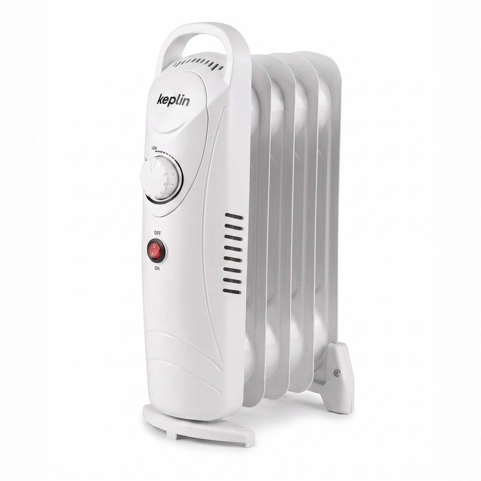 Mini oil filled radiator 650W, white, 5 fin, angled studio shot