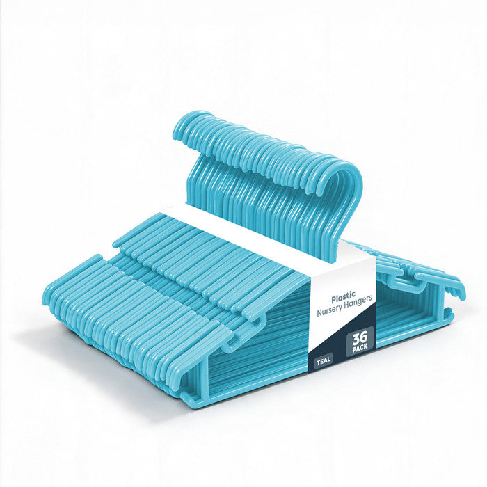 36 pack teal plastic nursery hangers with non-slip notched design for babies