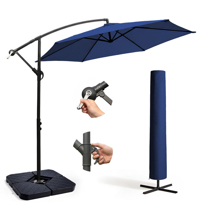 3m navy blue cantilever garden parasol with weighted base, crank handle, tilt mechanism and navy protective storage cover – full set
