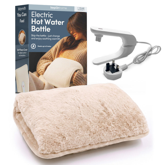 Cream electric hot water bottle with fleece cover, UK mains lead and Keplin box