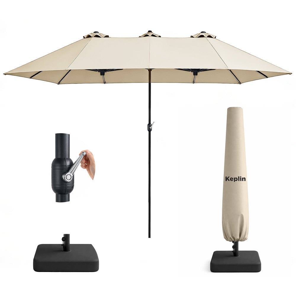 Cream double garden parasol 4.5x2.7m with base, crank handle and protective cover – full set