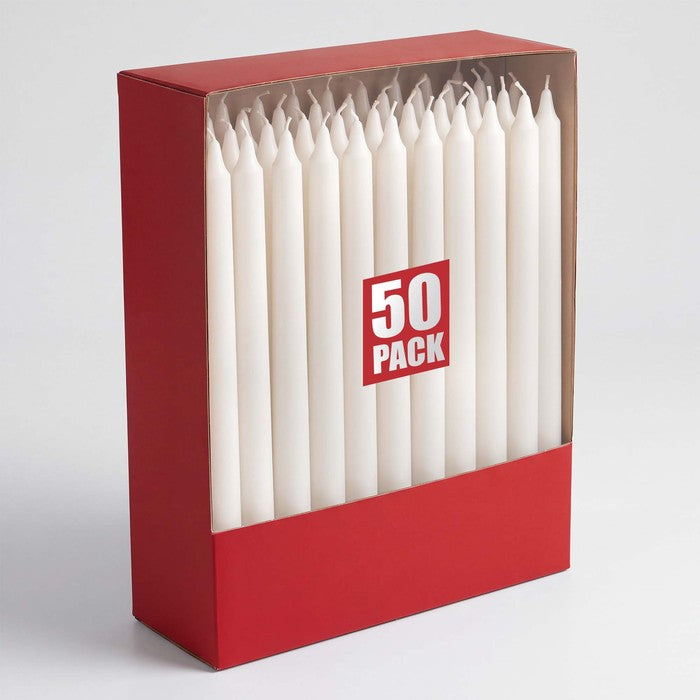 Haltons Tapered Dinner Candles - 50pk - 7-Hour Burn Time Dinner Candles, Unscented, Non-Drip & Smoke Free
