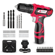 Haltons 12V cordless drill set in red and black with carry case, charger, drill bits and wall plugs