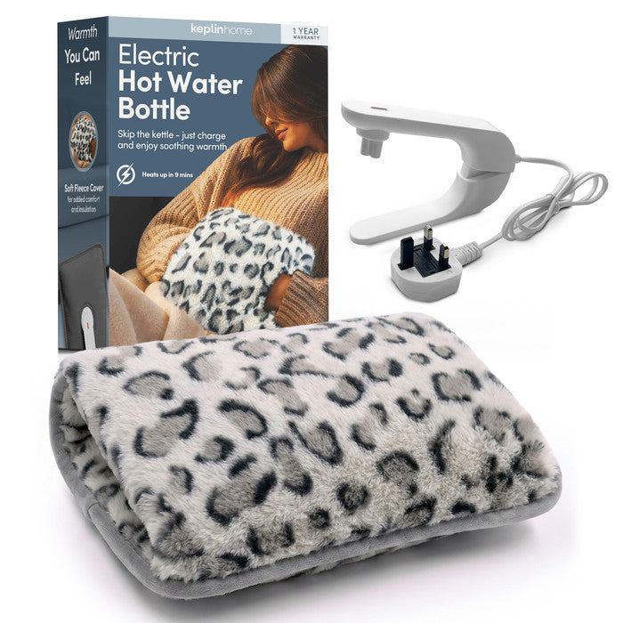 Animal Print electric hot water bottle with fleece cover, UK mains lead and Keplin box