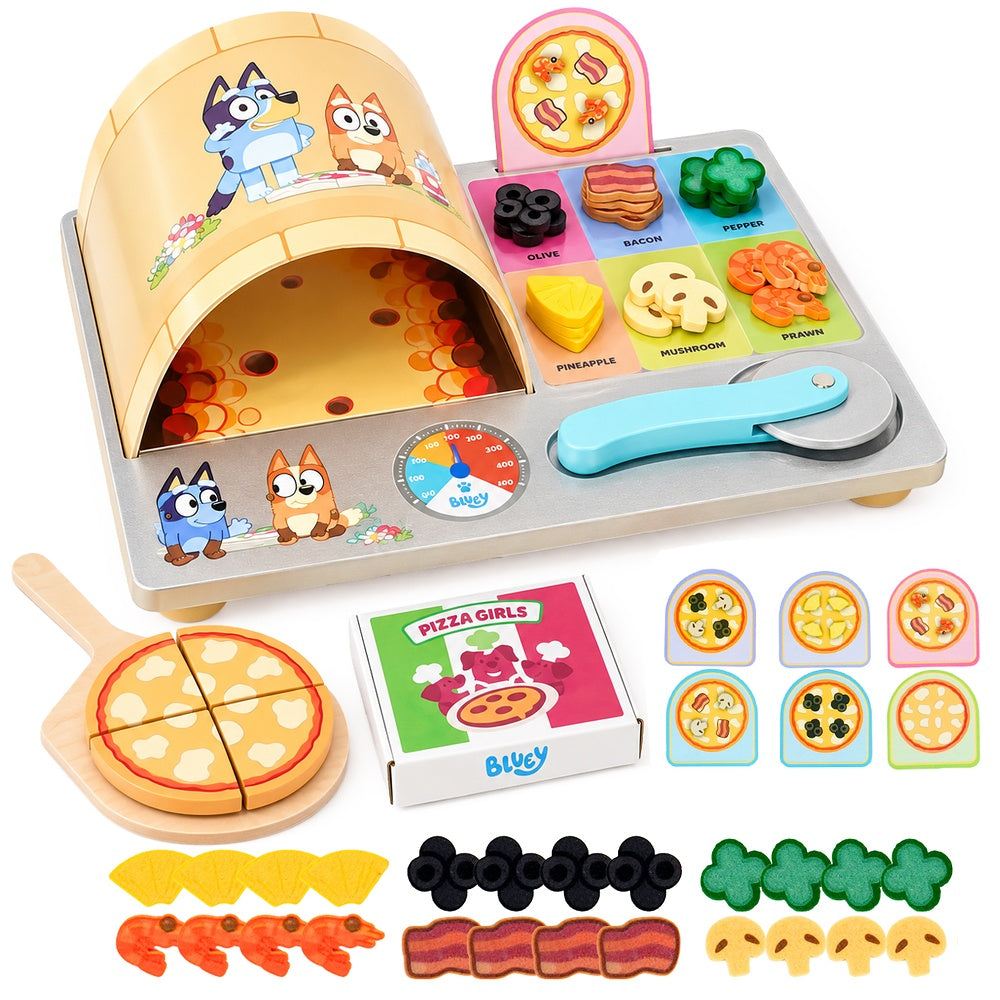 Bluey Pizza Girls wooden playset 35-piece – pizza oven, slices, toppings and order cards for kids UK