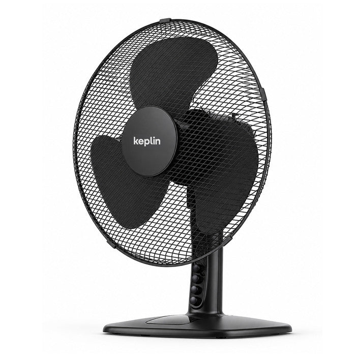 12 inch black oscillating desk fan with metal grill and 3-blade design on anti-slip base