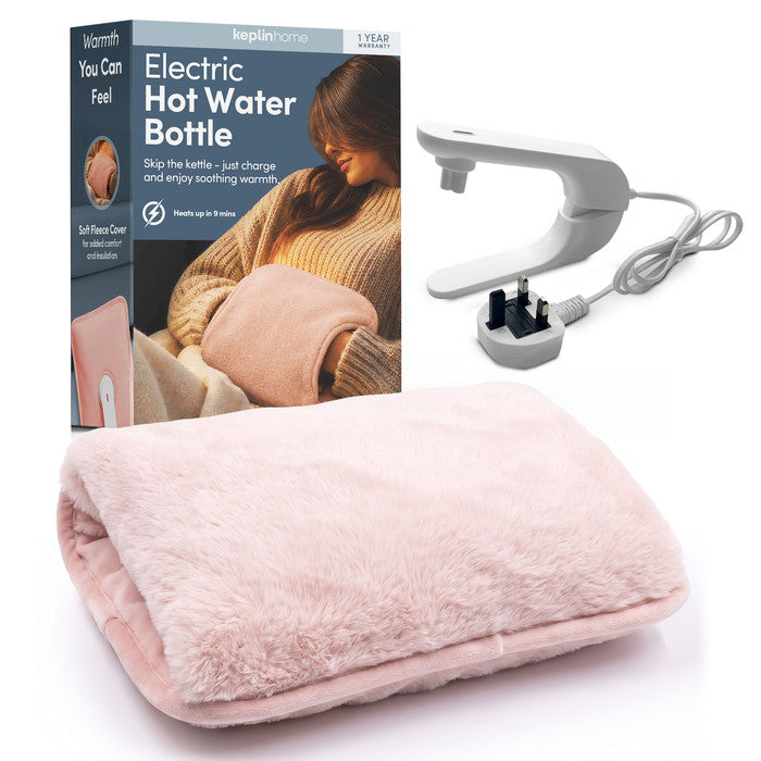 Blush electric hot water bottle with fleece cover, UK mains lead and Keplin box