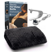 Black electric hot water bottle with fleece cover, UK mains lead and Keplin box