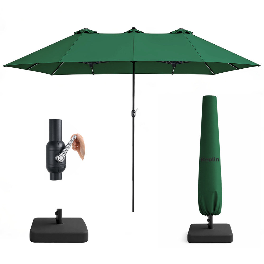 Green double garden parasol 4.5x2.7m with base, crank handle and protective cover – full set