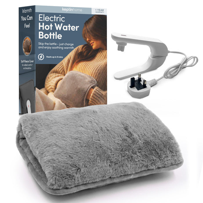 Grey electric hot water bottle with fleece cover, UK mains lead and Keplin box