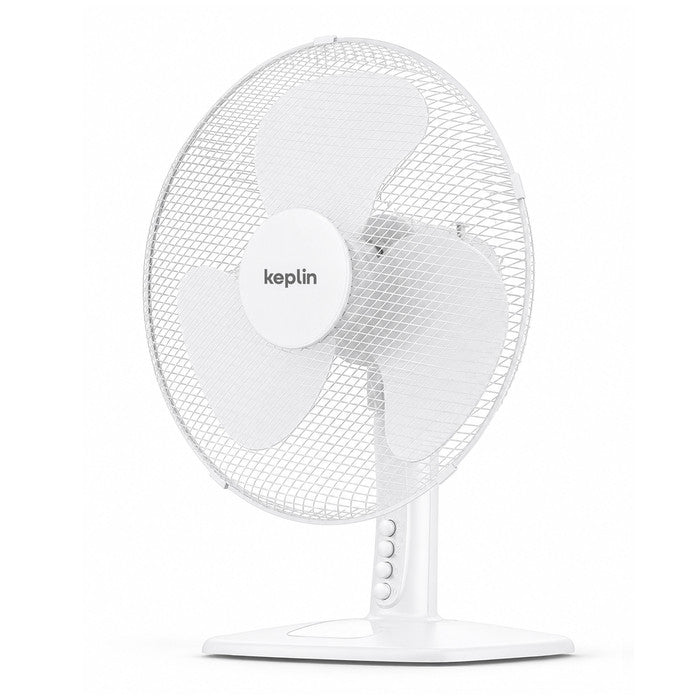 12 inch white oscillating desk fan with metal grill and 3-blade design on anti-slip base