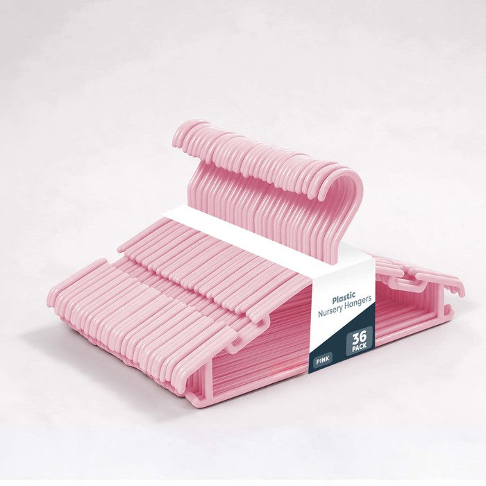 36 pack pink plastic nursery hangers with non-slip notched design for babies