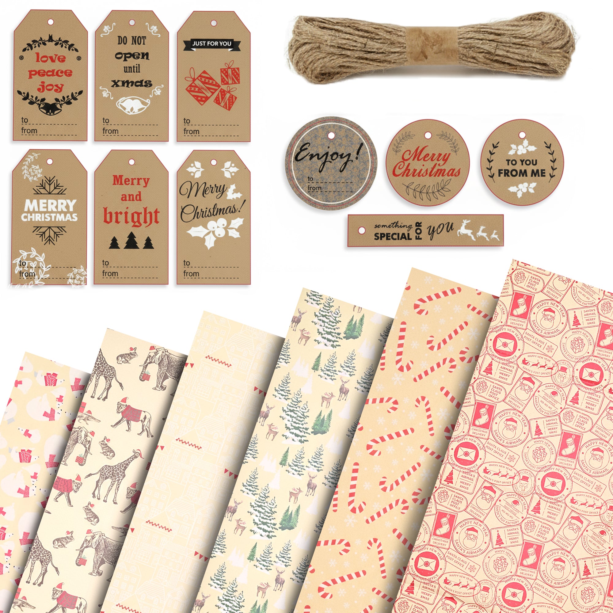 Kraft & Co - Christmas Wrapping Paper 12 Sheets - Kraft Gift Wrap Sheets 50 x 70cm, 6 Festive Holiday Designs with Tags & Twine