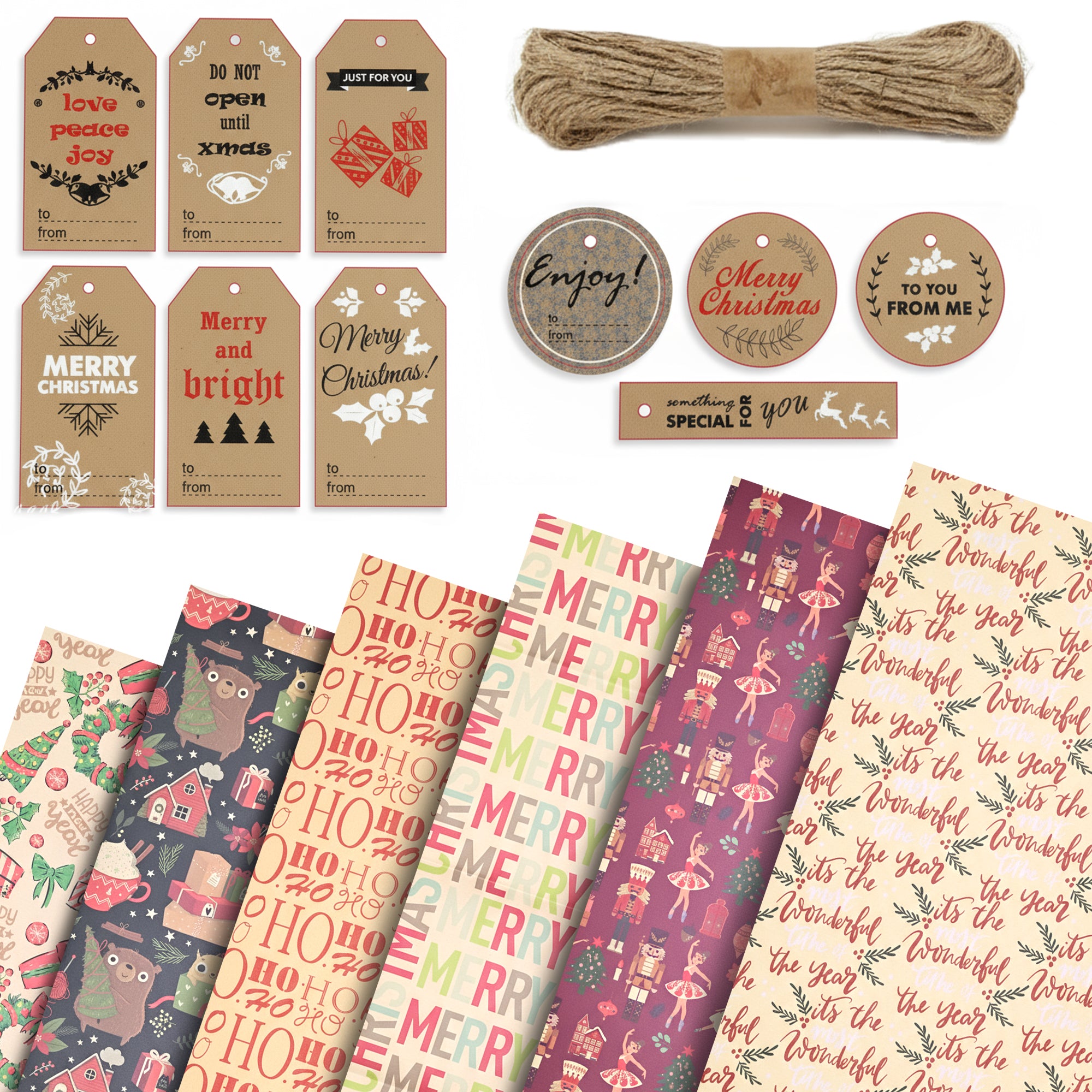 Kraft & Co - Christmas Wrapping Paper 12 Sheets - Kraft Gift Wrap Sheets 50 x 70cm, 6 Festive Holiday Designs with Tags & Twine