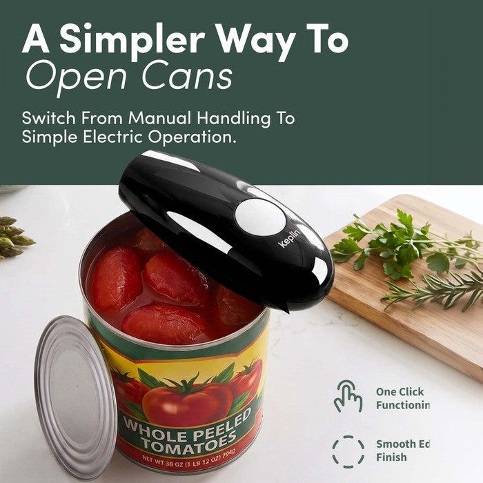 Keplin electric can opener close up on tin of whole peeled tomatoes showing one click button