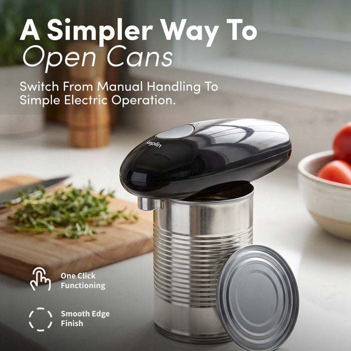 Keplin electric can opener in use on a kitchen counter opening a tin, smooth edge finish