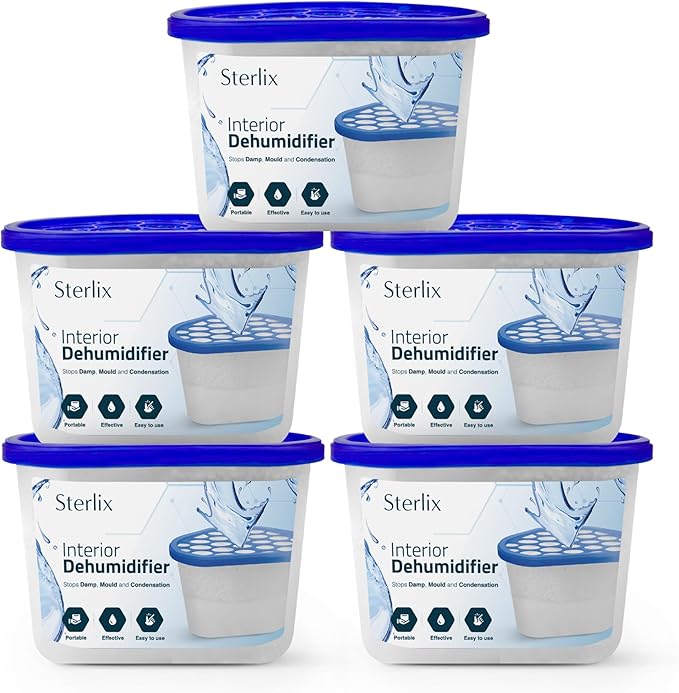 Sterlix Pack of 5, 10, 18 500ml Dehumidifier Tubs for Condensation,Humidity, Damp, Mould, Moisture, Allergens, Mildew & Neutralising Odours for Domestic use at Home, Office, Garage, Windows & Wardrobes