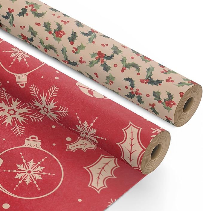 Kraft & Co 2 Pack Christmas Wrapping Paper Roll - Festive Designed Recyclable Kraft Paper, Perfect for Holiday Gifts, Arts & Crafts-Wrapping for a Merry Christmas (44.5cm x 25m)