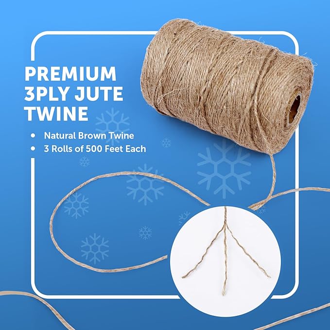 Merrimen Biodegradable Jute Christmas Wrapping Twine – 3 Rolls of Strong 3-Ply Natural Twine for Gift Wrapping, DIY Crafts, and Holiday Decorations – 500ft per Roll