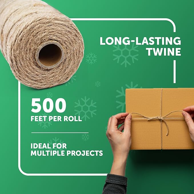 Merrimen Biodegradable Jute Christmas Wrapping Twine – 3 Rolls of Strong 3-Ply Natural Twine for Gift Wrapping, DIY Crafts, and Holiday Decorations – 500ft per Roll