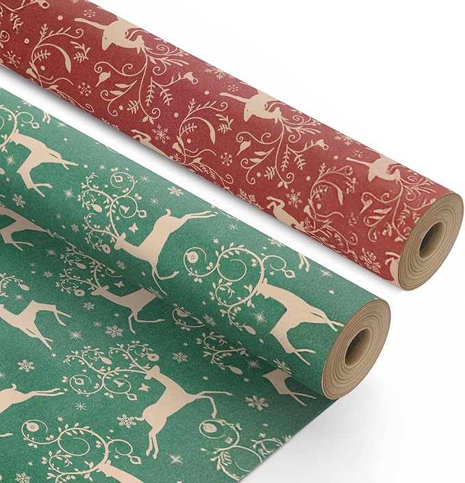 Kraft & Co 2 Pack Christmas Wrapping Paper Roll - Festive Designed Recyclable Kraft Paper, Perfect for Holiday Gifts, Arts & Crafts-Wrapping for a Merry Christmas (44.5cm x 25m)