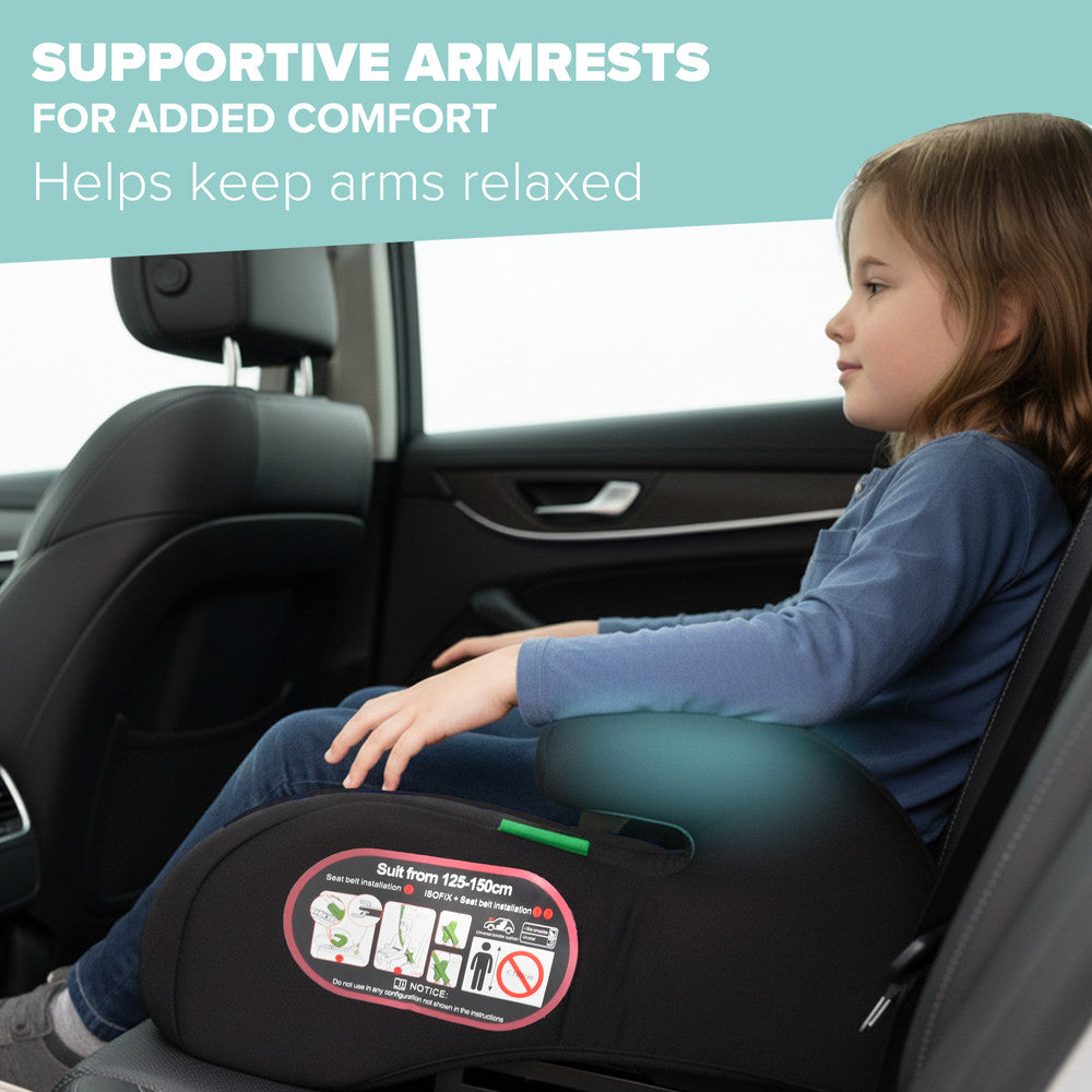 Child in ISOFIX booster seat – correct seatbelt positioning with R129 backless car seat
