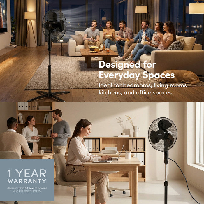 16 inch black pedestal fan in living room and home office use with 1 year warranty