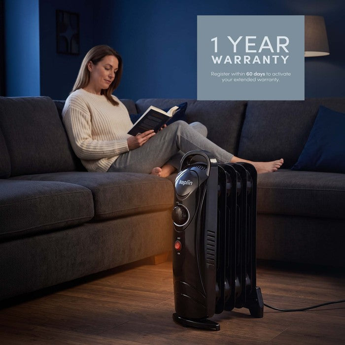 Black oil filled radiator with 1-year warranty registration callout in living room