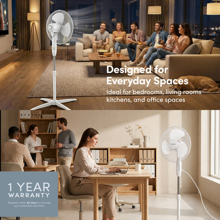 16 inch white pedestal fan in living room and home office use with 1 year warranty
