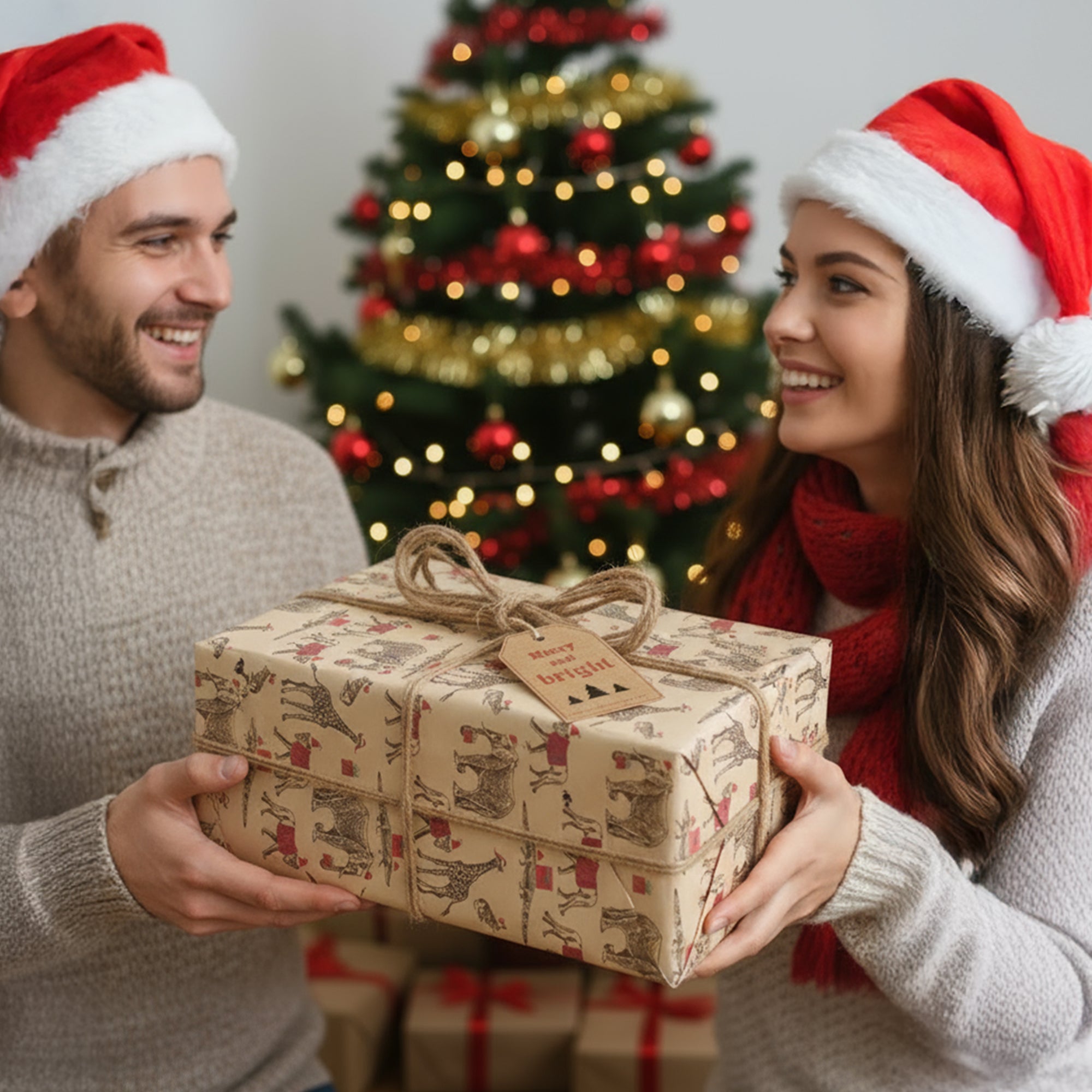 Kraft & Co - Christmas Wrapping Paper 12 Sheets - Kraft Gift Wrap Sheets 50 x 70cm, 6 Festive Holiday Designs with Tags & Twine