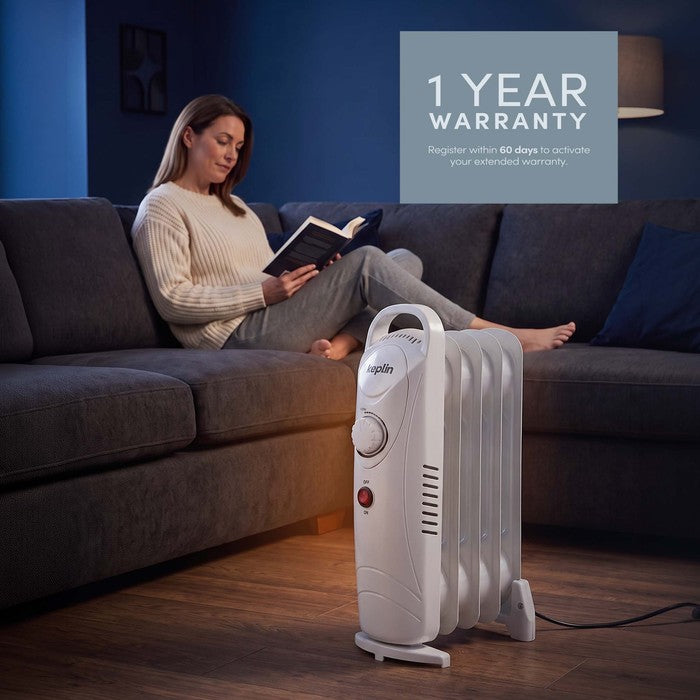 White oil filled radiator with 1-year warranty registration callout in living room