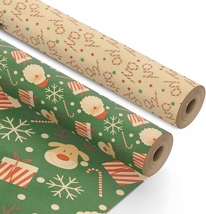 Kraft & Co 2 Pack Christmas Wrapping Paper Roll - Festive Designed Recyclable Kraft Paper, Perfect for Holiday Gifts, Arts & Crafts-Wrapping for a Merry Christmas (44.5cm x 25m)