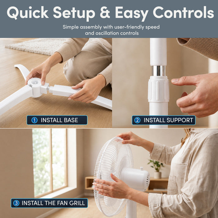 16 inch white pedestal fan easy assembly guide showing base fitting, pole and grill installation steps