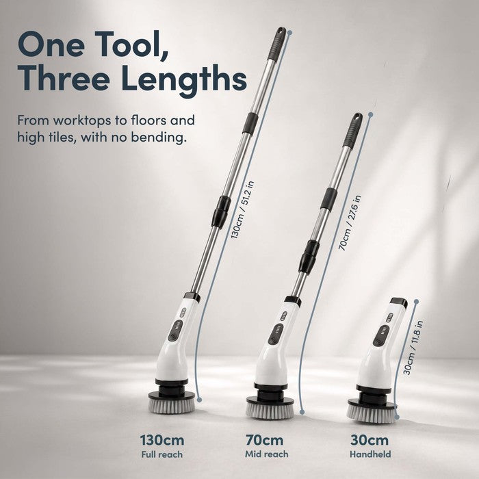 Telescopic pole adjusts to 130cm, 70cm and 30cm handheld lengths