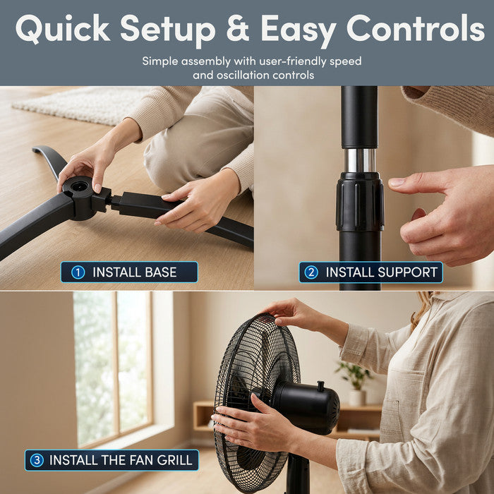 16 inch pedestal fan easy assembly guide showing base fitting, pole and grill installation steps