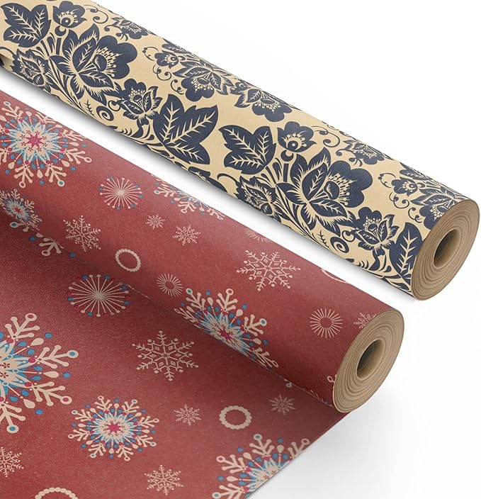 Kraft & Co 2 Pack Christmas Wrapping Paper Roll - Festive Designed Recyclable Kraft Paper, Perfect for Holiday Gifts, Arts & Crafts-Wrapping for a Merry Christmas (44.5cm x 25m)