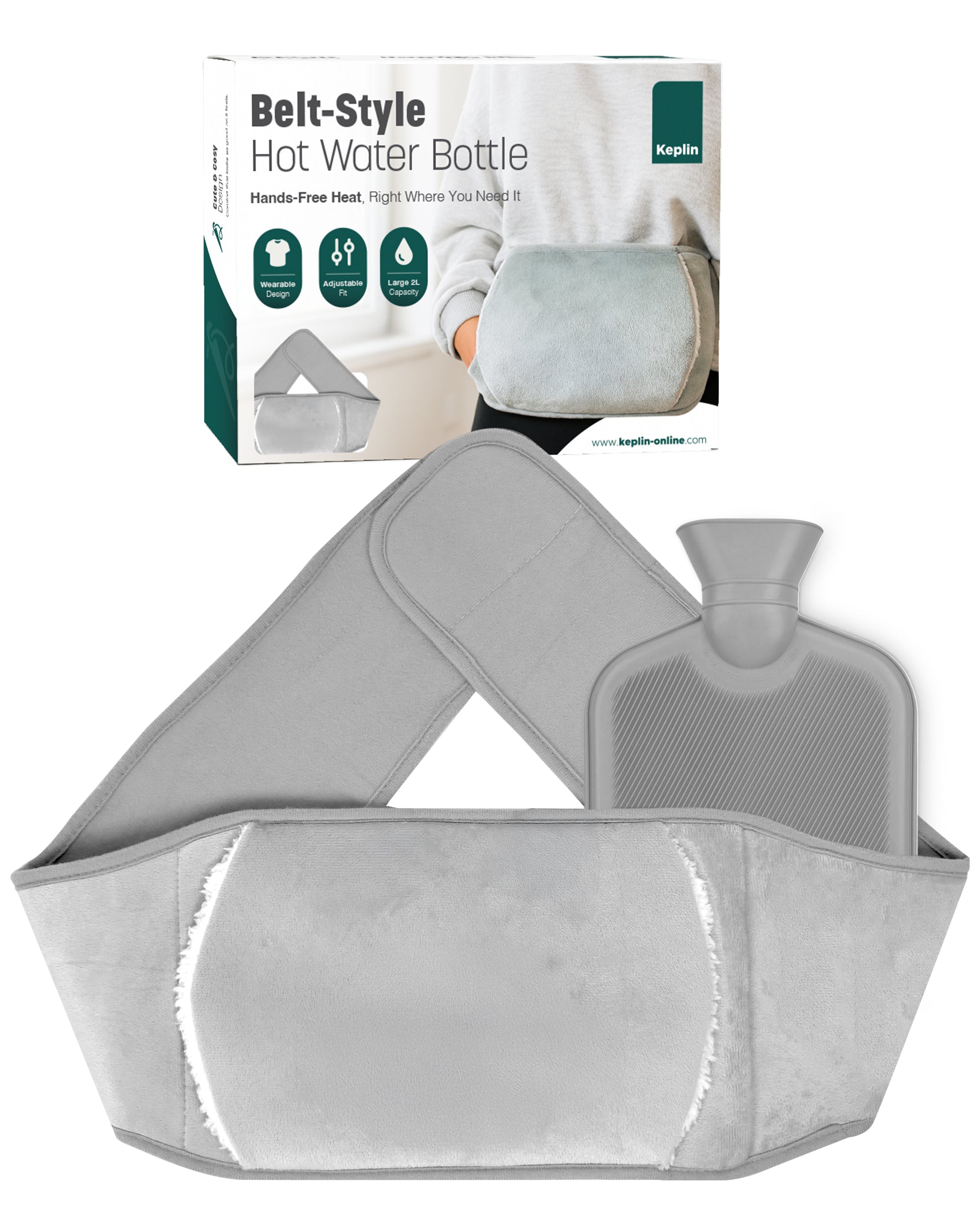 KEPLIN Hot Water Bottle Belt with Plush Waist Cover - 2L Premium Natural Rubber Hot Water Bag for Cramps & Muscle Relaxation - Safe, Durable, Long-Lasting Heat Therapy