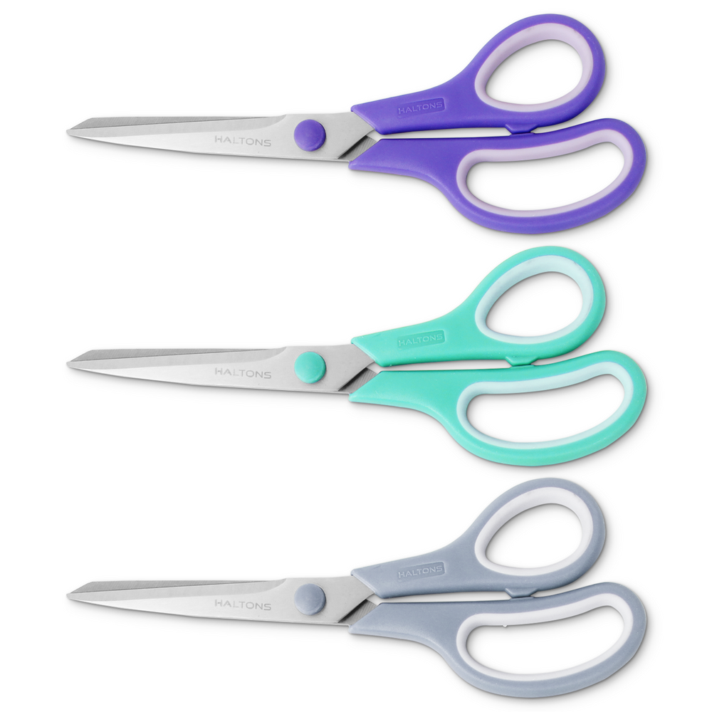 Haltons multipurpose scissors pack of 3 in purple, green and grey with comfort grip UK