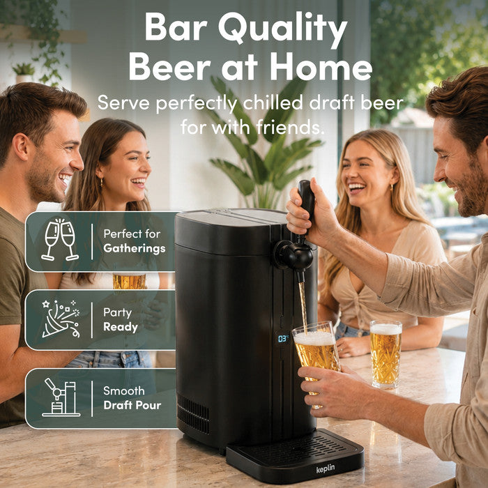 Group of friends using the Keplin beer keg dispenser at home – bar quality draft beer perfect for gatherings and parties