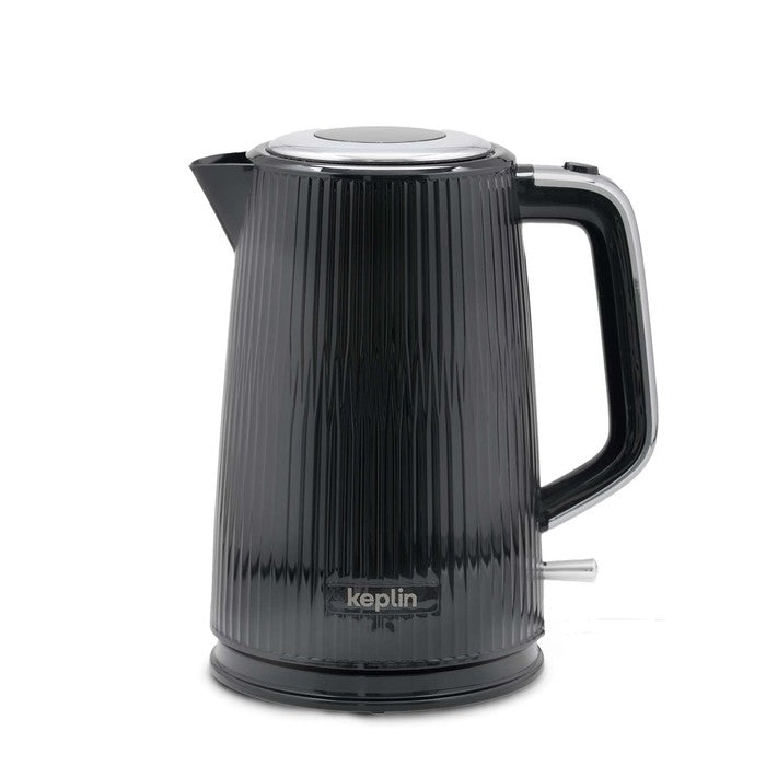 Black 1.7L Keplin electric kettle with ribbed glossy finish, silver lid and black handle, shown on a white background.