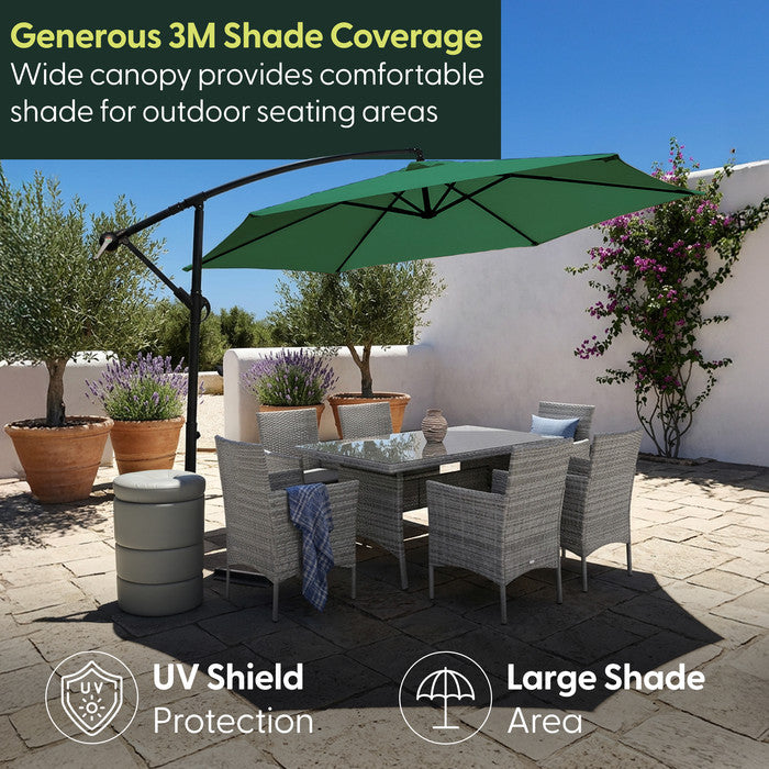 3m green cantilever garden parasol shading rattan garden dining set on a patio – generous UV protection and large shade area for outdoor seating