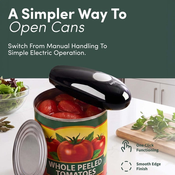 Keplin electric can opener on a tin of whole peeled tomatoes, one click functioning and smooth edge finish