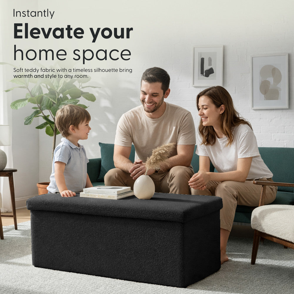 KEPLIN Storage Ottoman Bench 76×38×38 cm – Large 90 L Hidden Storage, Rapid Fold‐Flat Design, 150kg Load Capacity, Tufted Teddy Fabric Finish – Ideal for Hallway, Bedroom, Living Room