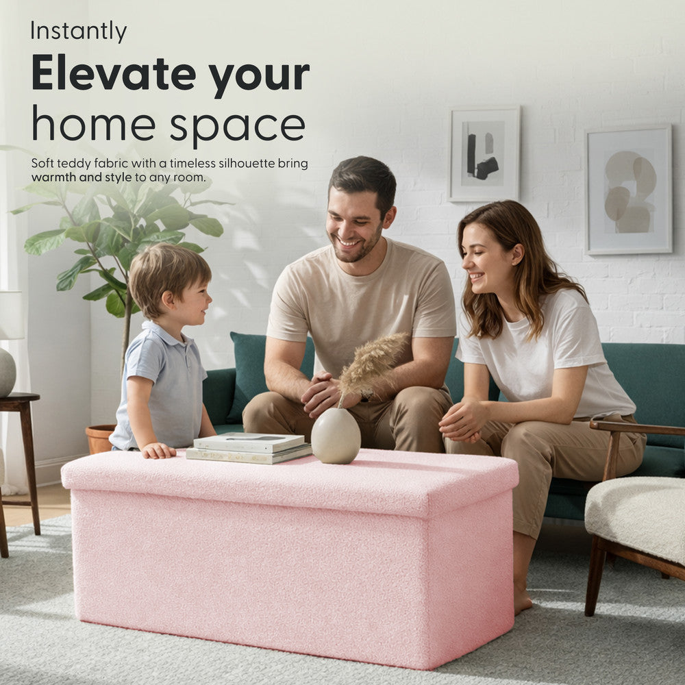 KEPLIN Storage Ottoman Bench 76×38×38 cm – Large 90 L Hidden Storage, Rapid Fold‐Flat Design, 150kg Load Capacity, Tufted Teddy Fabric Finish – Ideal for Hallway, Bedroom, Living Room