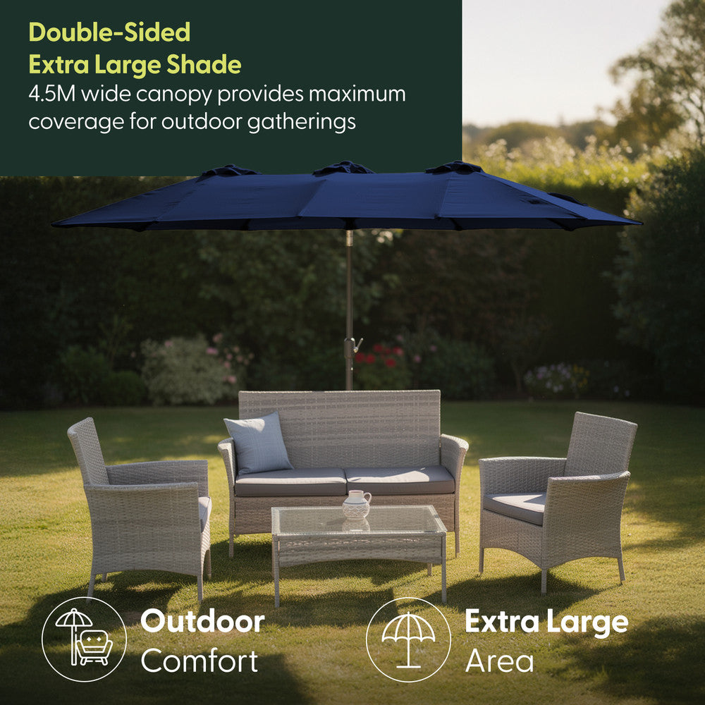 4.5M double garden parasol in blue shading rattan garden furniture set on a lawn