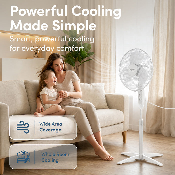 White 16 inch pedestal fan in living room providing whole-room oscillating airflow