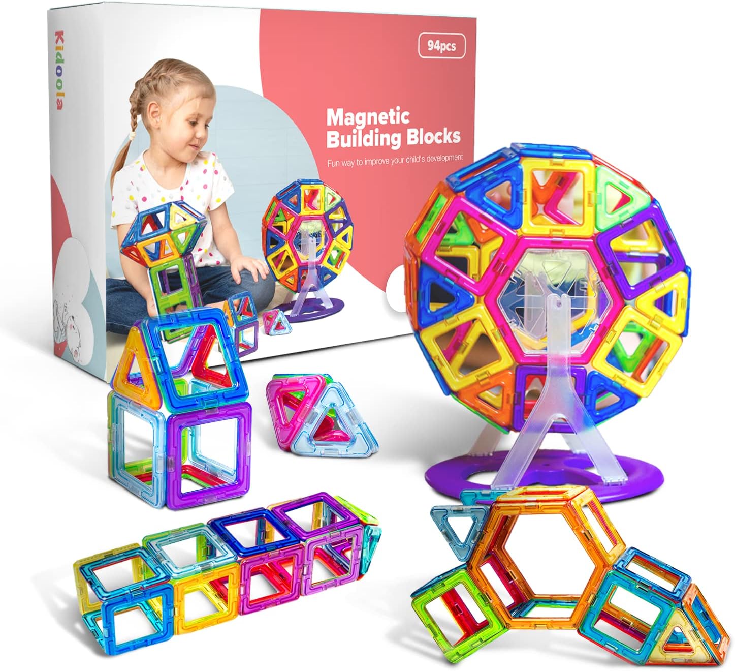 94-piece magnetic building block set – educational STEM toy for kids aged 3+, squares, triangles and hexagons