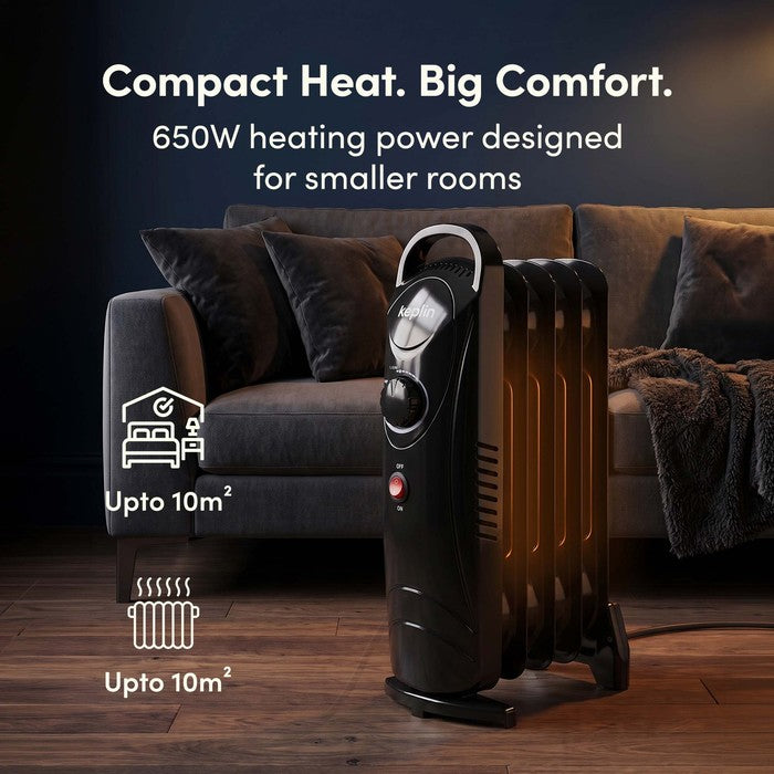 Black 650W oil radiator in living room – compact heat for rooms up to 10m²