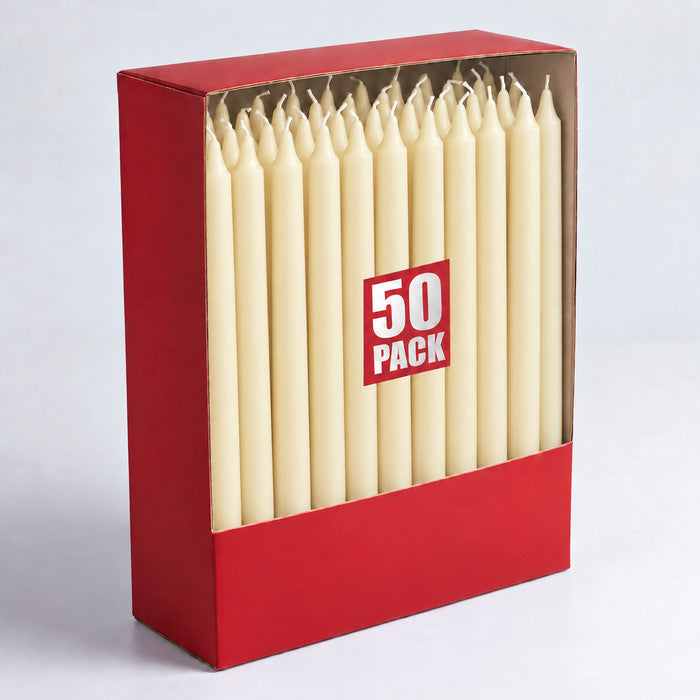 Haltons Tapered Dinner Candles - 50pk - 7-Hour Burn Time Dinner Candles, Unscented, Non-Drip & Smoke Free