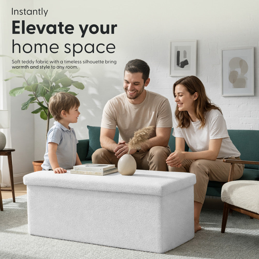 KEPLIN Storage Ottoman Bench 76×38×38 cm – Large 90 L Hidden Storage, Rapid Fold‐Flat Design, 150kg Load Capacity, Tufted Teddy Fabric Finish – Ideal for Hallway, Bedroom, Living Room